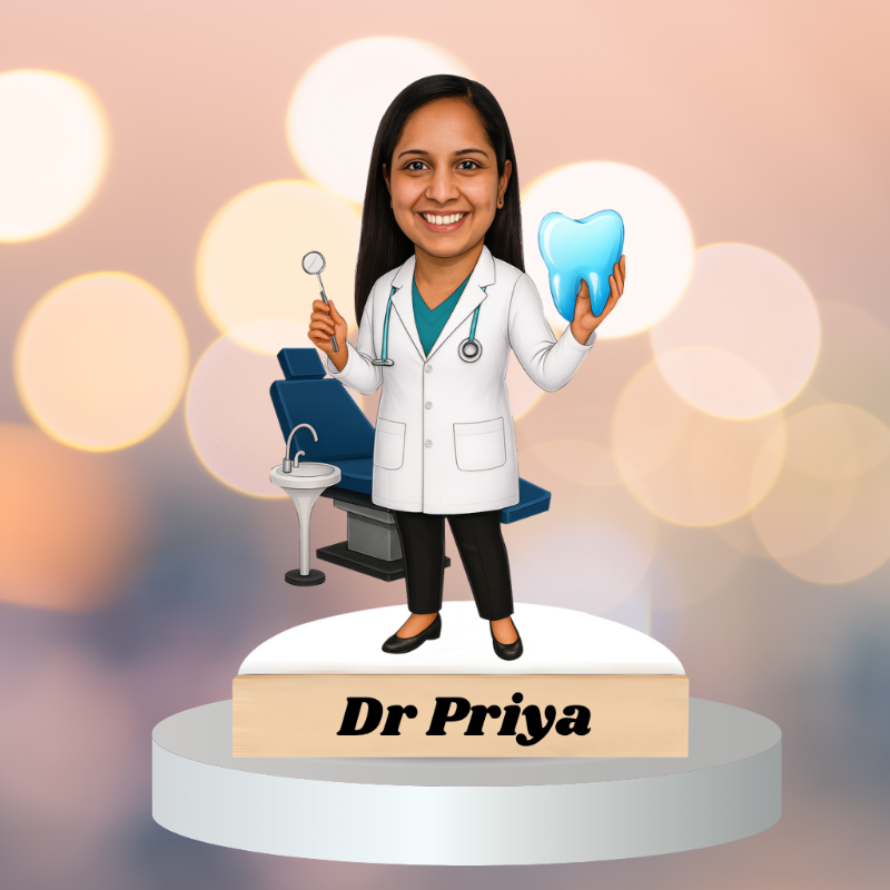 Figurine of a dentist named Dr. Priya holding a tooth and dental tools with blurred lights in the background.