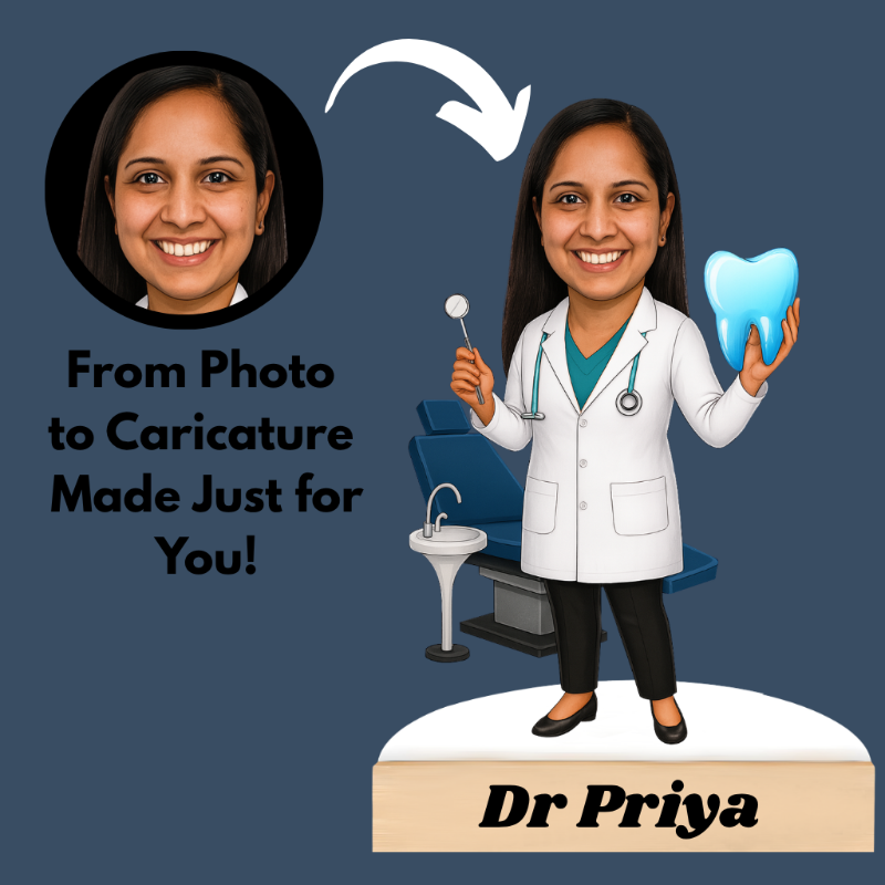 Caricature of a dentist named Dr Priya with dental tools and a tooth on a blue background.