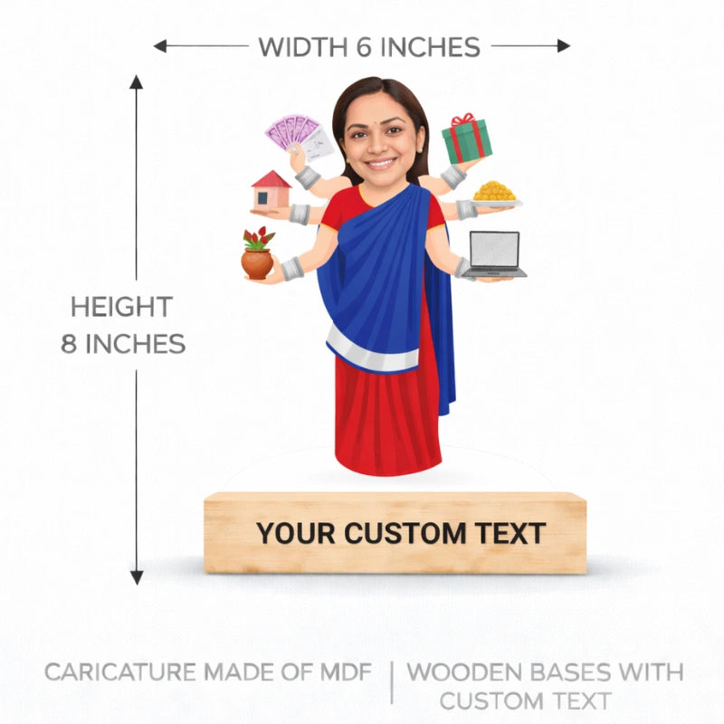 6 x 8 inch custom MDF Maa caricature with wooden base and custom text – size and dimension reference for personalized mother gift.