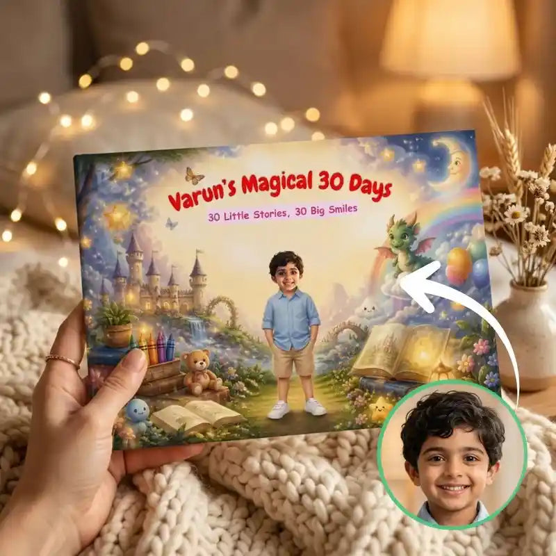 Magical 30 Days personalized story books for kids with boy's photo and name on the cover, held over a cosy knit blanket