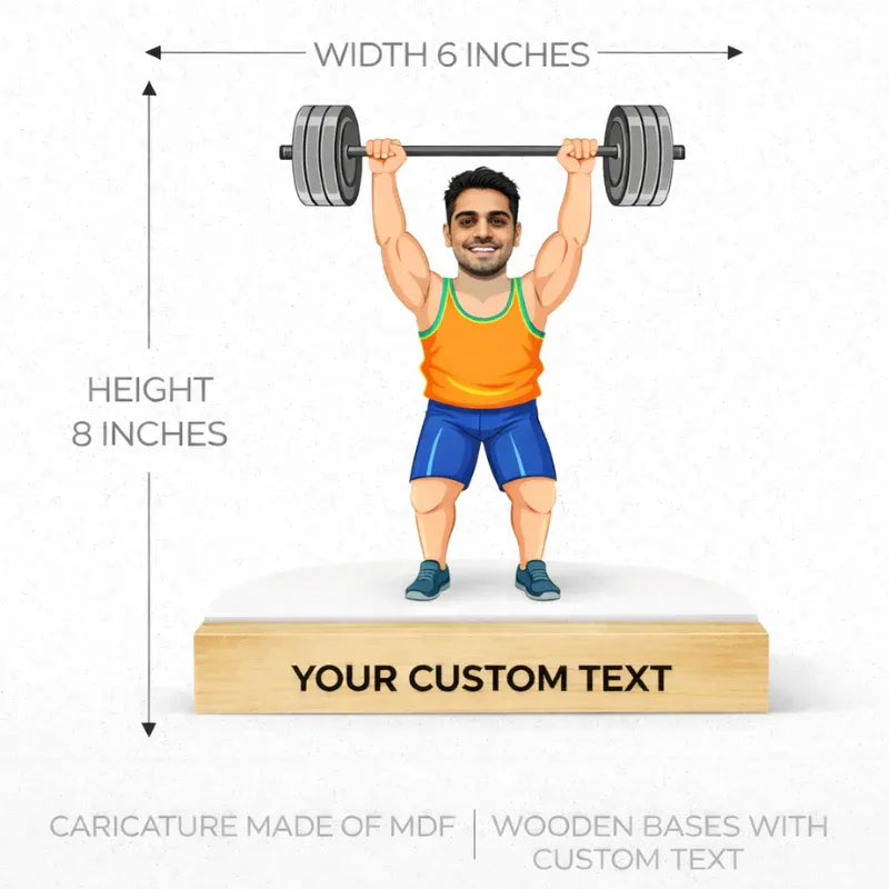 Male gym shoulder press caricature dimensions showing 6 inches width and 8 inches height with MDF cutout and wooden base