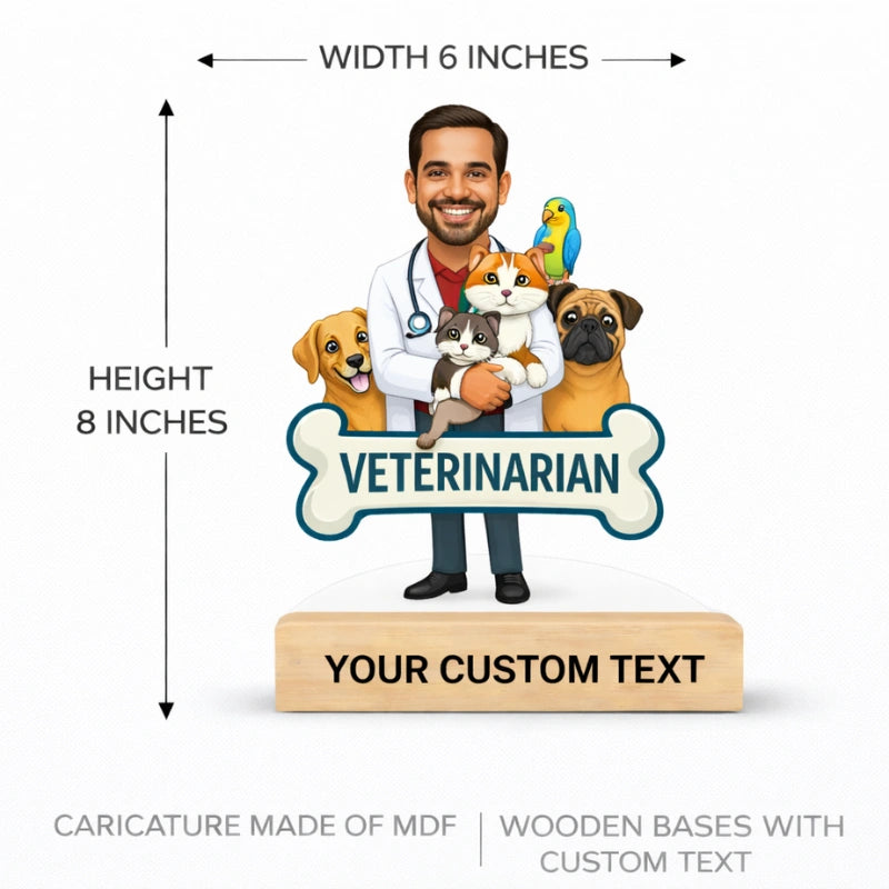 Male veterinarian caricature size 6x8 inches made of MDF with wooden base and customizable text for clinic or office decor