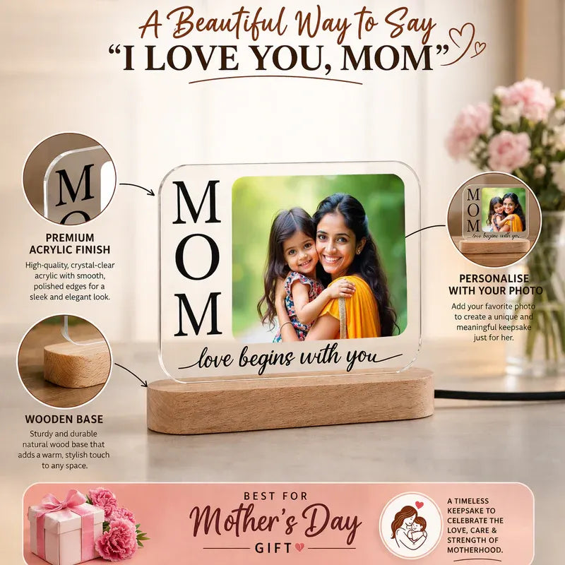 Personalized photo frame with 'Mom' text and a photo of a woman and child, on a wooden base.