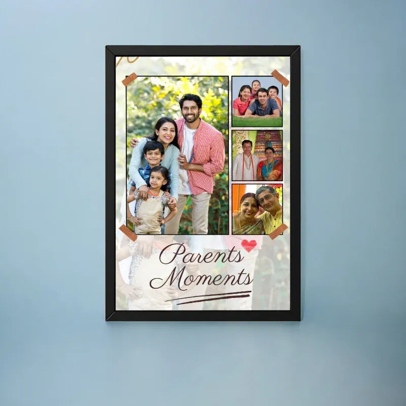Framed collage of family photos with 'Parents Moments' text on a blue background