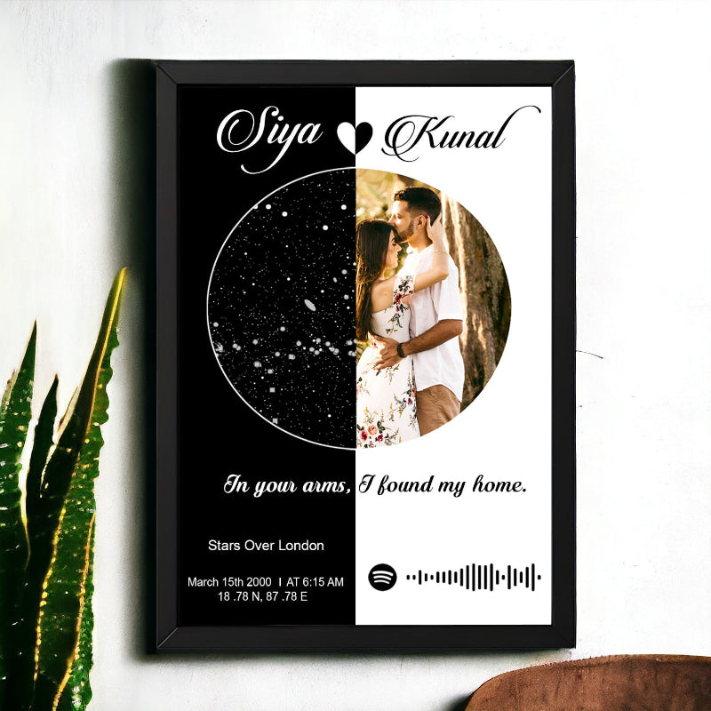 A customized unique circular star map frame with black border displaying a couple's photo in the center, with text that includes names, a quote, and the details of the photo such as date and time.