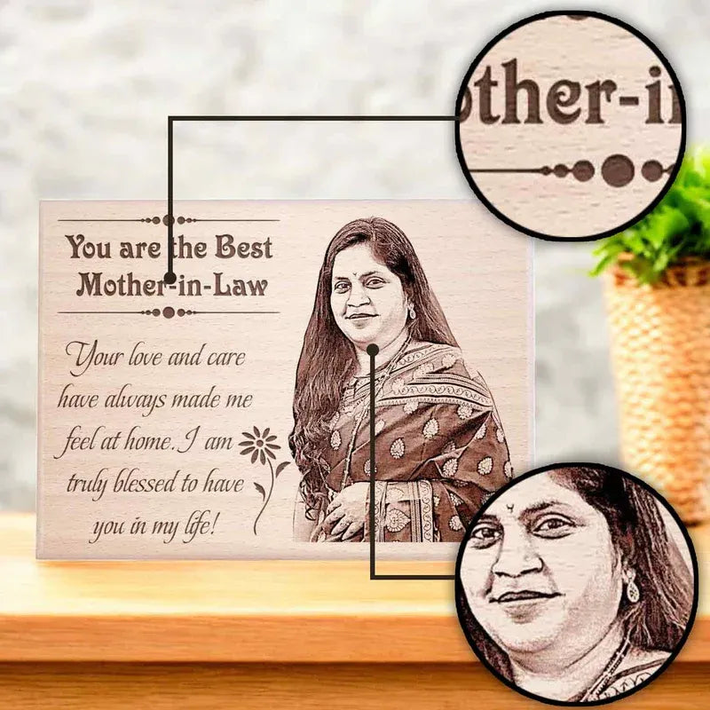 Custom engraved wooden photo plaque for mother in law showing portrait engraving detail and heartfelt quote – personalized Mother's Day gift