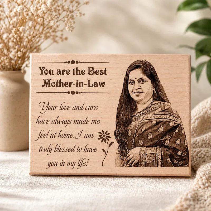 Personalized engraved wooden photo plaque for mother-in-law with You are the Best Mother-in-Law quote and laser engraved portrait – unique Mother's Day gift