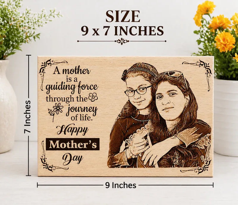 Wooden plaque with engraved portrait and Mother's Day message, 9 x 7 inches