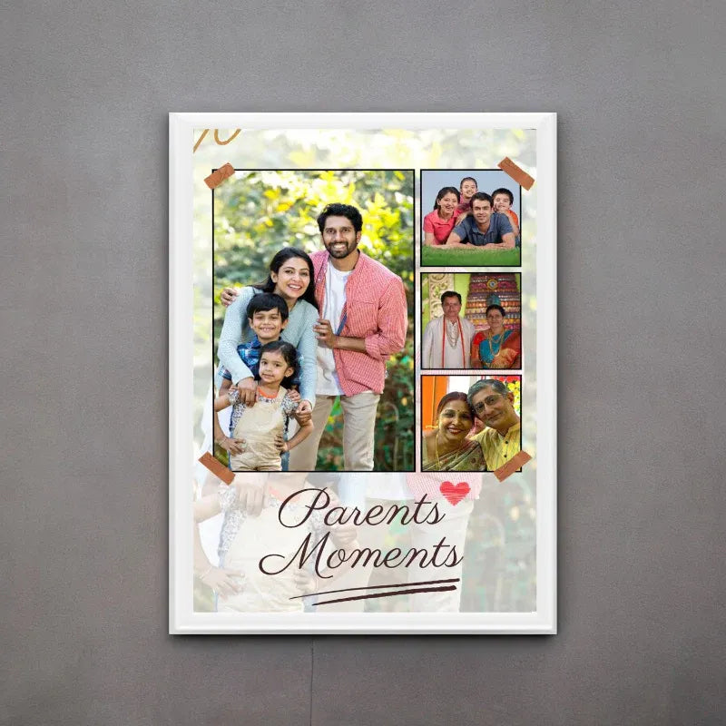 Collage of family photos with 'Parents Moments' text on a gray wall.