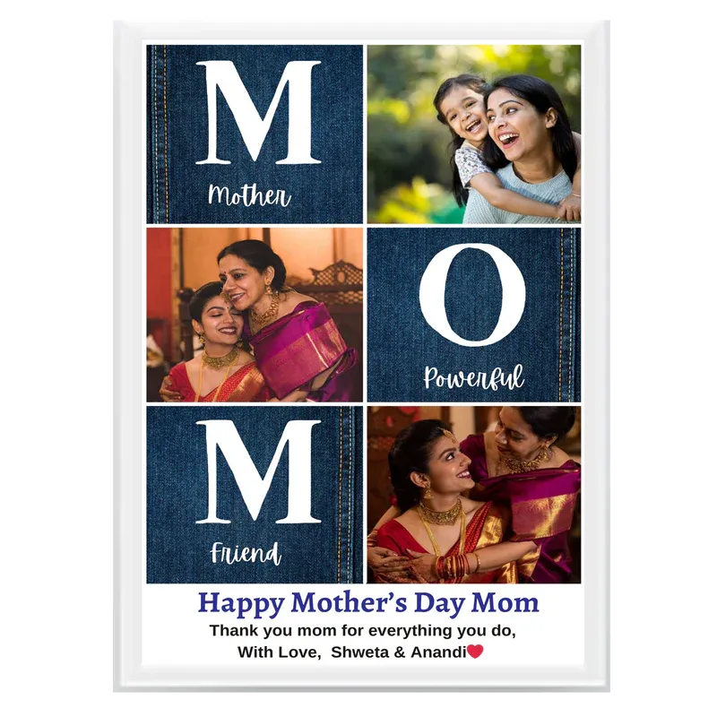 Mother's Day collage frame with photos of a woman and child, featuring the word 'Mother' and text.