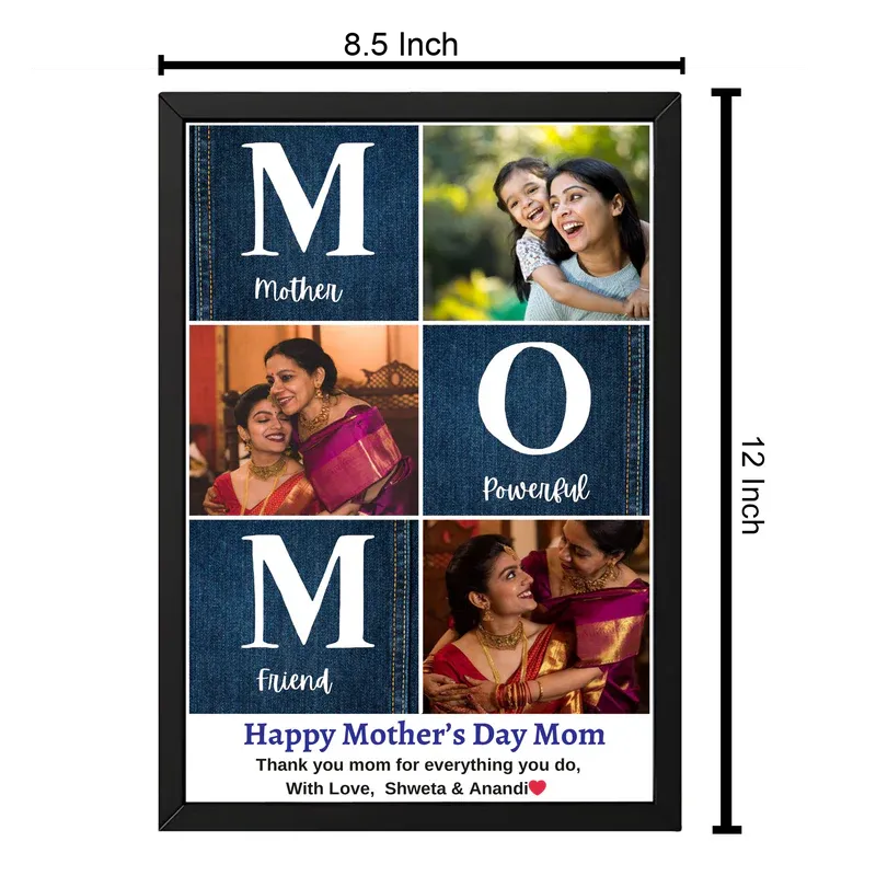 Personalized Mother's Day photo collage framenwith text and dimensions displayed.