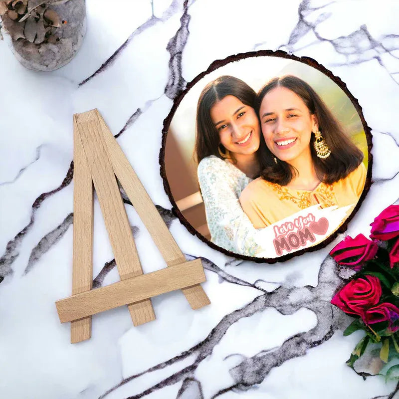 Personalized round photo frame for mom with wooden easel tripod stand – Love You Mom custom photo print on real wood slice, unique Mother's Day gift