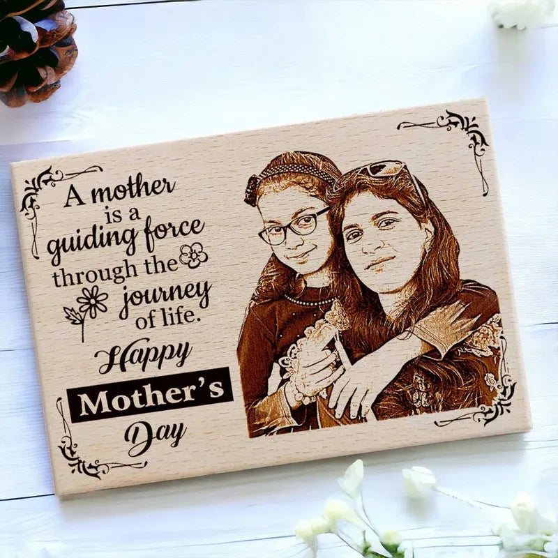 Custom engraved wooden photo plaque for mom with guiding force quote and laser engraved portrait – heartfelt Mother's Day gift