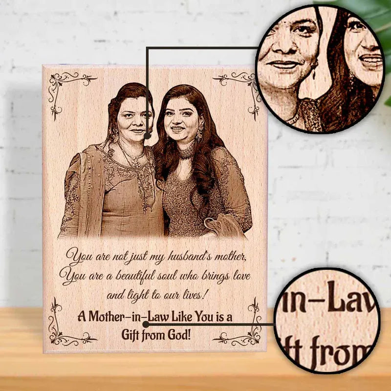 Close-up of laser engraving detail on wooden photo plaque for mother in law – intricate portrait and quote perfectly engraved on solid wood.