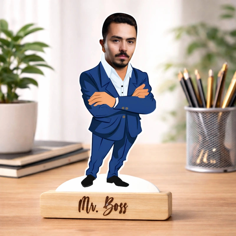 Personalized Mr Boss caricature standee made of MDF with wooden base placed on office desk