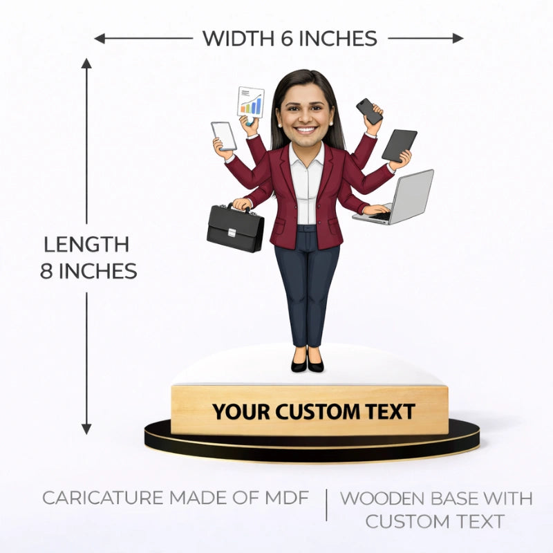 Multitasking lady caricature 6x8 inches made of MDF with wooden base and custom name text, office desk decor gift