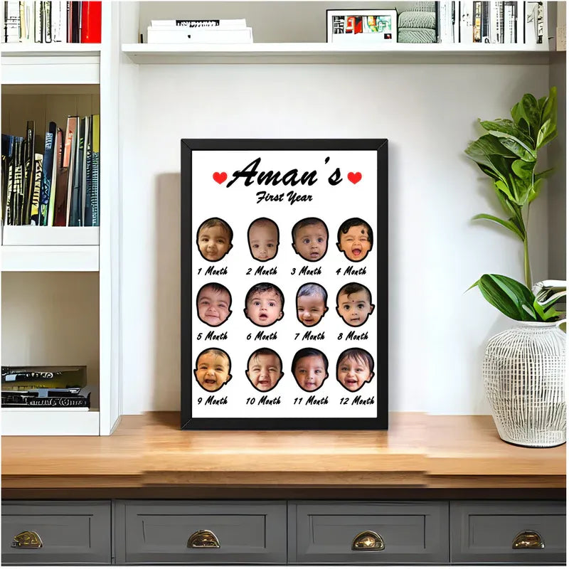 My first year photo frame — 12 month baby photo collage with personalised name and First Year text, black wooden frame, desk display.