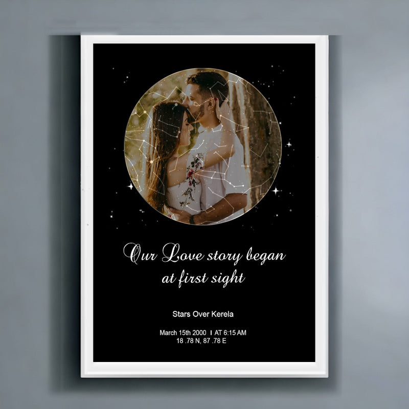 A personalized couple star map frame with a photo of a couple embracing under the stars, with customizable text and a date.