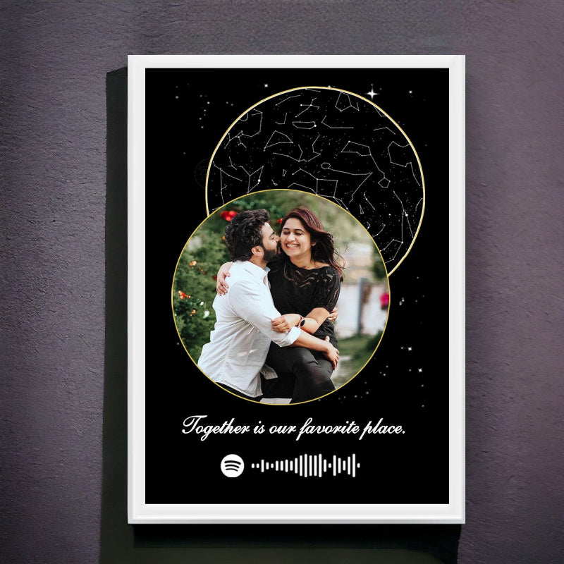 A personalized star map frame displaying a couple embracing, with a background of stars, a speech bubble with the text 'Together is our favorite place.' and a spotify logo.