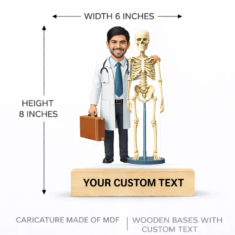Orthopedic doctor caricature MDF standee showing 6 inches width and 8 inches height with wooden base and custom text
