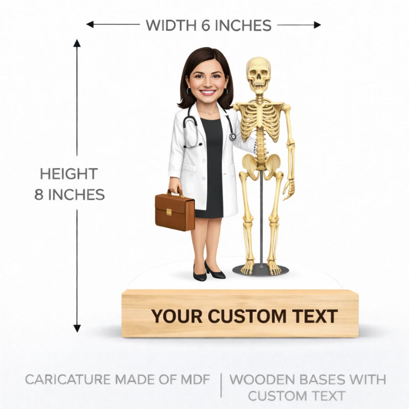 6 x 8 inch custom MDF orthopedic surgeon caricature with wooden base and custom text – size and dimension reference for personalized doctor caricature gift.