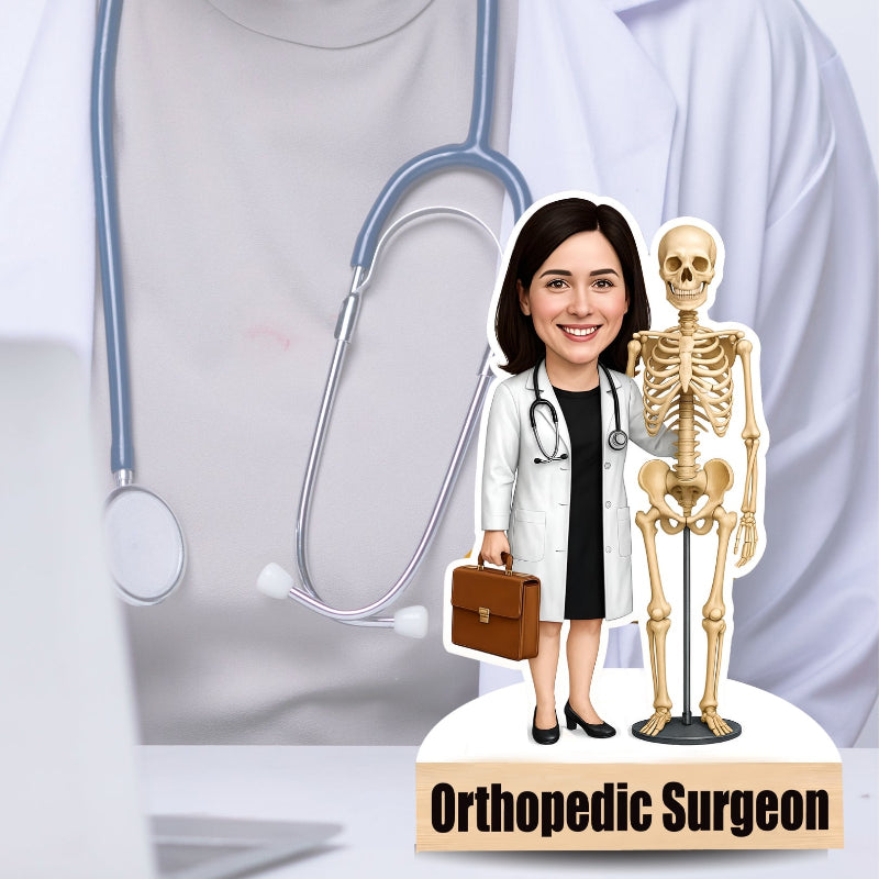 Figurine of an orthopedic surgeon with a skeleton and stethoscope on a light gray background