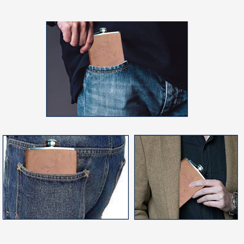 Collage of a person wearing a leather flask in their pocket.