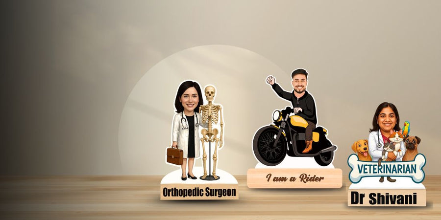 A caricature of different professions on a wooden surface with a neutral background