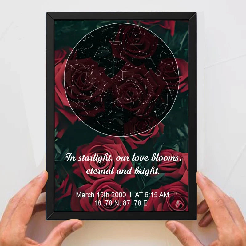 star map with red roses and star constellations held by hands against a white background.