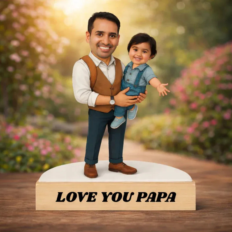 Personalised dad and daughter caricature made from MDF with wooden base and custom text – unique father’s day gift in India