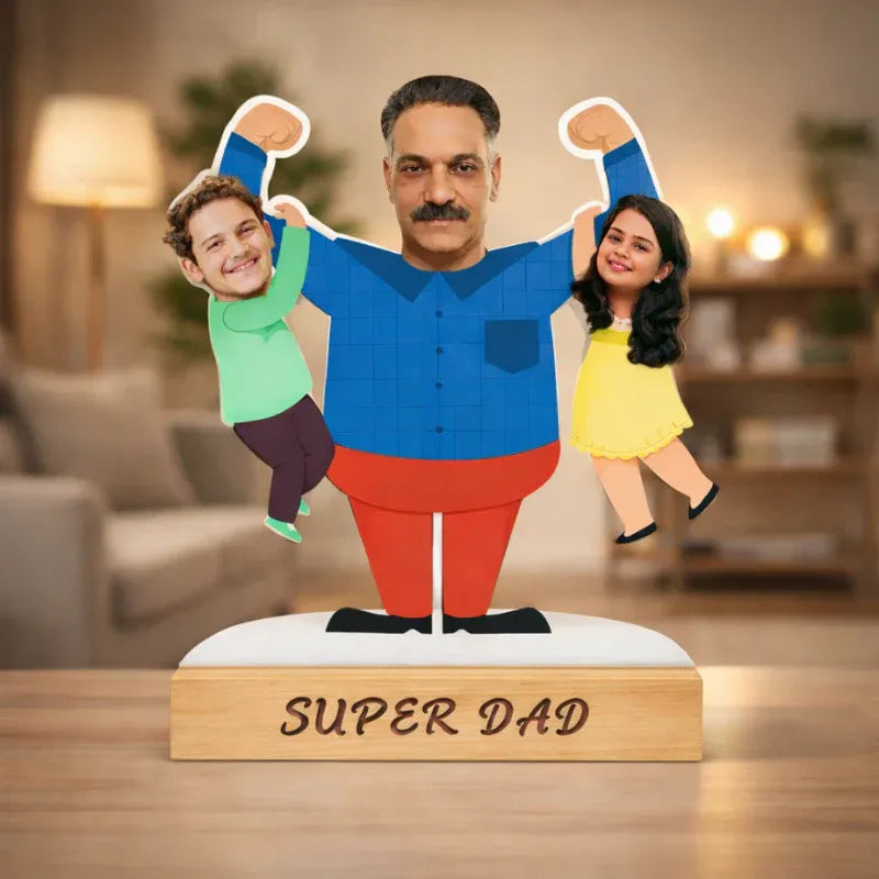 Personalised dad and kids caricature made from MDF with wooden base and custom text – unique family gift in India
