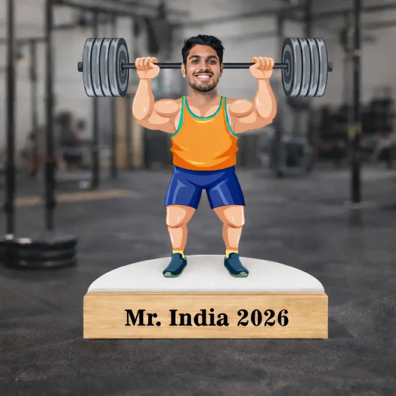 Personalised male gym shoulder press caricature made from MDF with wooden base and custom text – fitness gift in India