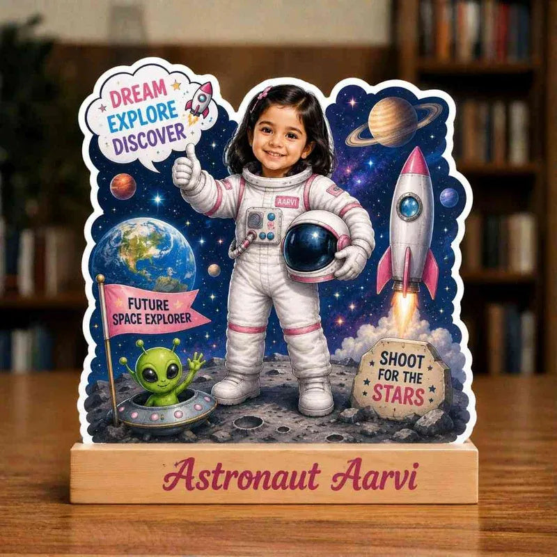 Personalized astronaut-themed display with a child's photo, space-themed elements, and motivational phrases.