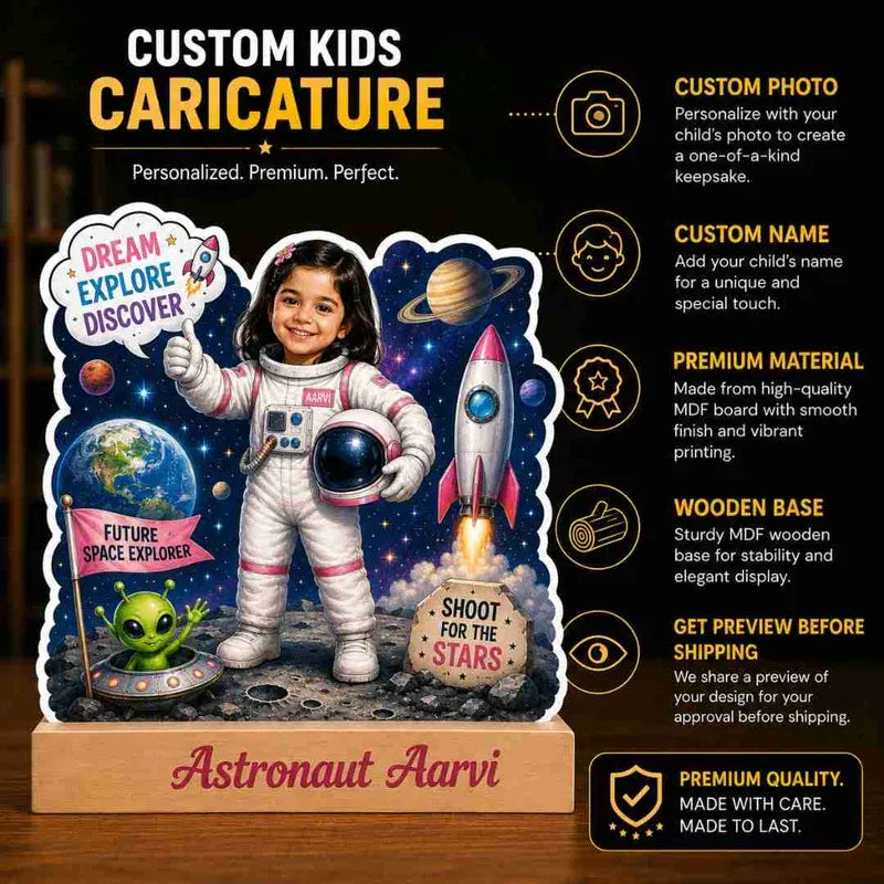 Custom kids caricature of a girl in an astronaut suit with space-themed elements and text.