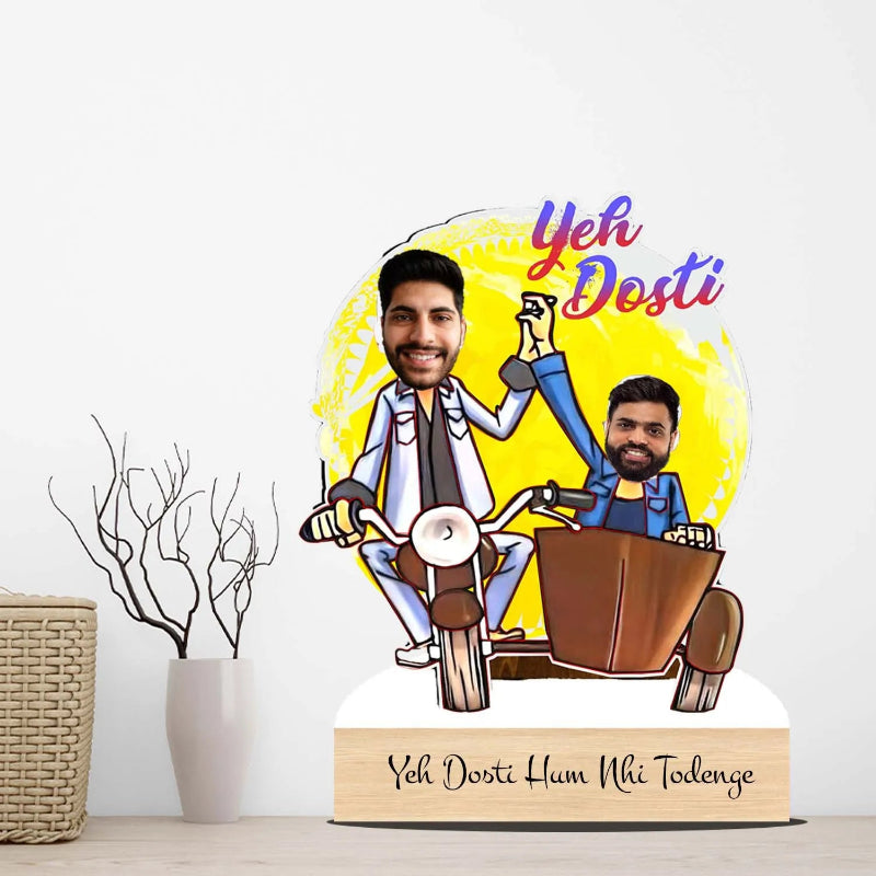 Two people on a motorcycle with 'Yeh Dosti' text on a white background