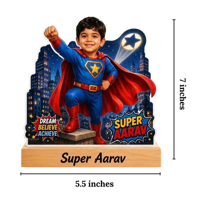 Superhero figurine with 'Super Aarav' branding and dimensions displayed.