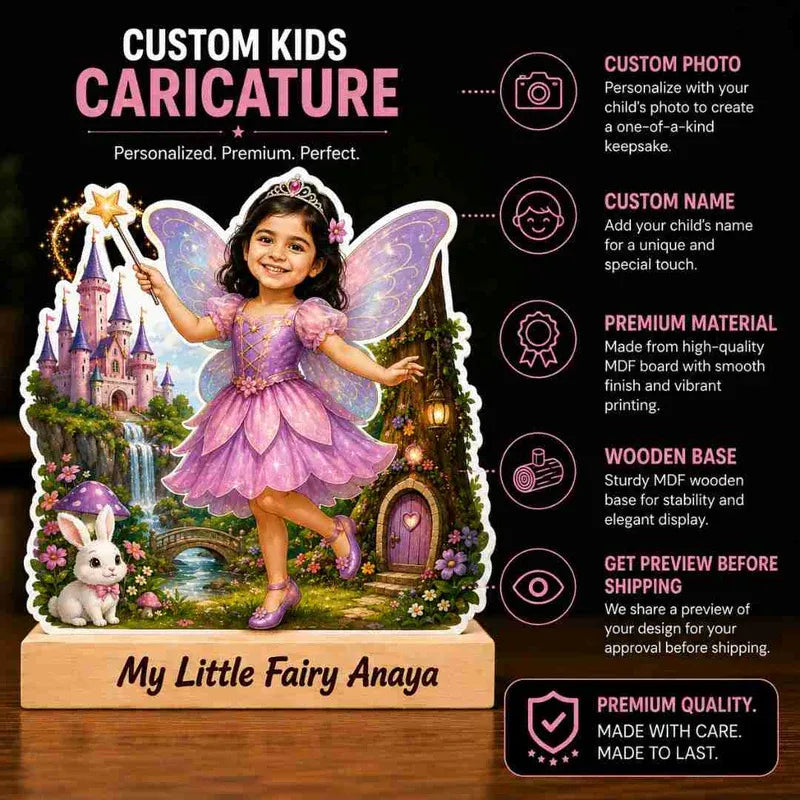 Custom kids caricature of a fairy with castle and rabbit in the background, featuring text about product details.