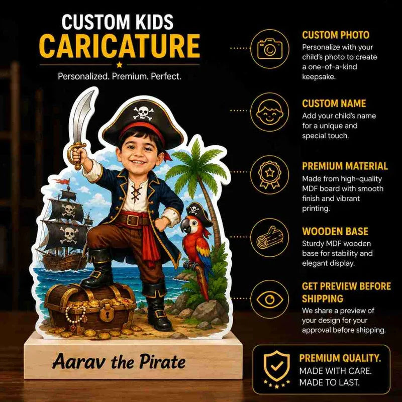 Custom kids caricature of a pirate with a wooden base, featuring a boy holding a sword and a parrot.