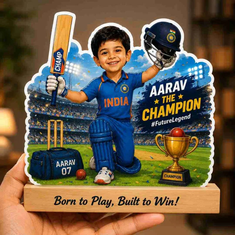 Personalized cricket-themed cutout of a child in an India cricket uniform with a bat and helmet, held by a hand.
