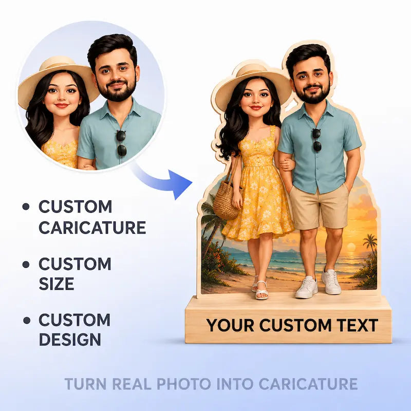 Custom caricature standee service showing a sample photo of a couple on the left and the resulting printed standee on the right with a beach sunset background and customizable text base. Features bullet points for custom caricature, custom size, and custom design.