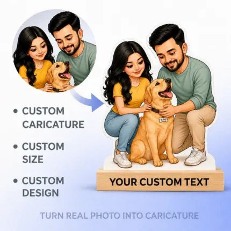 Custom pet portrait service graphic showing a real photo of a couple and their golden retriever dog, transformed into a cartoon caricature illustration on a wooden plaque with customizable text. The graphic includes feature bullet points: 'CUSTOM CARICATURE', 'CUSTOM SIZE', 'CUSTOM DESIGN', and 'TURN REAL PHOTO INTO CARICATURE'.