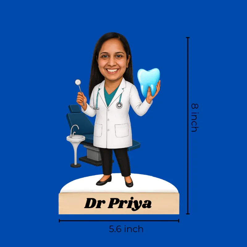 Custom bobblehead of a dentist with measurements on a blue background