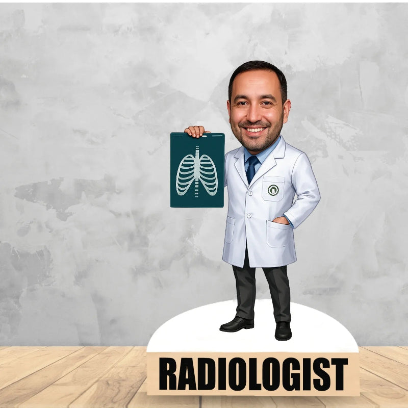 Cartoon doctor holding a chest X-ray with 'Radiologist' text on a gray background