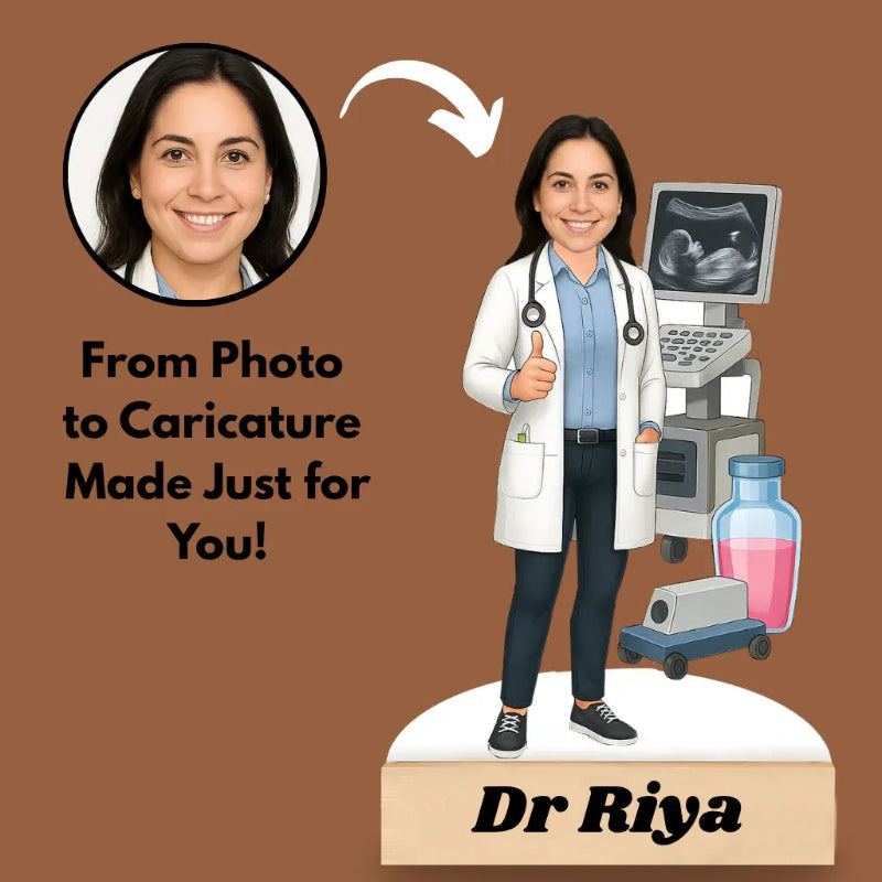 Cartoon caricature of a doctor with an ultrasound machine and lab equipment on a brown background.