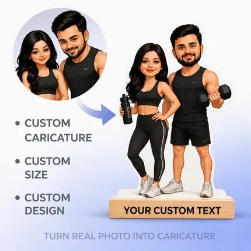 Custom caricature service graphic showing a couple's portrait photo, a circular reference photo, and a 3D cartoon-style couple figurine on a wooden base with dumbbells. Text highlights custom caricature, size, design, and customizable text, with the caption 'Turn real photo into caricature'.