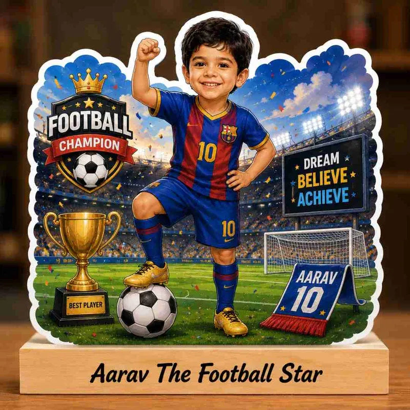 Personalized football-themed display with a child in sports attire, trophy, and motivational quote.