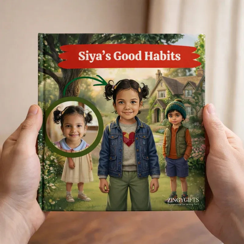 personalised story book titled 'Siya's Good Habits' held by a person with a scenic cover featuring children and a house. 