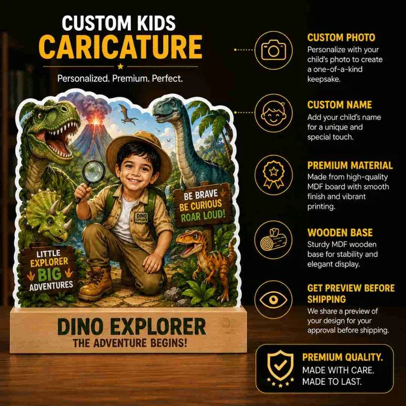 Custom kids caricature with dinosaur theme and child's photo, featuring text about customization options.