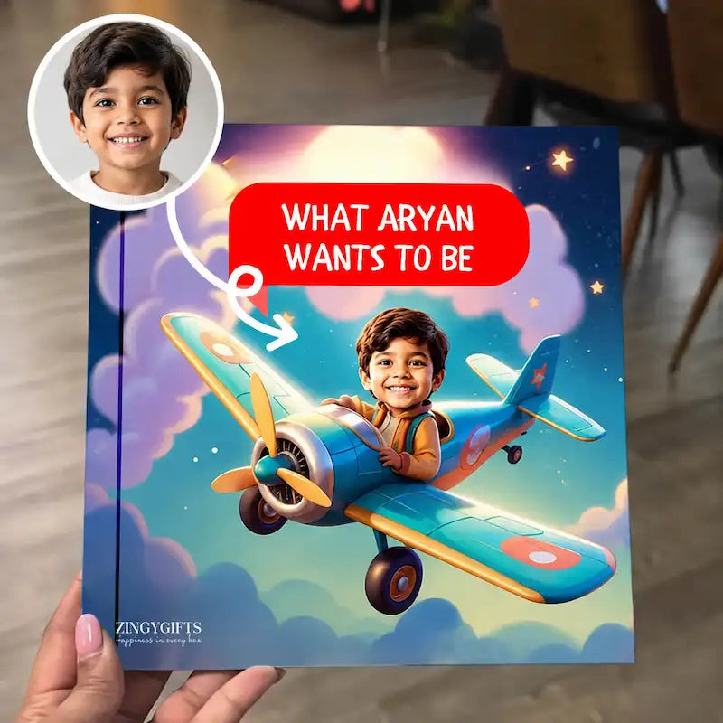 A personalized children's hardcover book titled 'WHAT ARYAN WANTS TO BE' held by a hand. The cover features a colorful illustration of a young boy flying in a blue and yellow airplane against a starry sky.