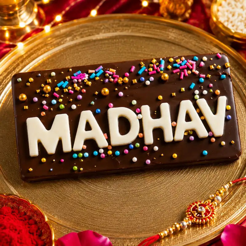 A rectangular chocolate bar with the name 'MADHAV' spelled out in large white letters, decorated with colorful sprinkles, presented on a gold platter with festive decorations.